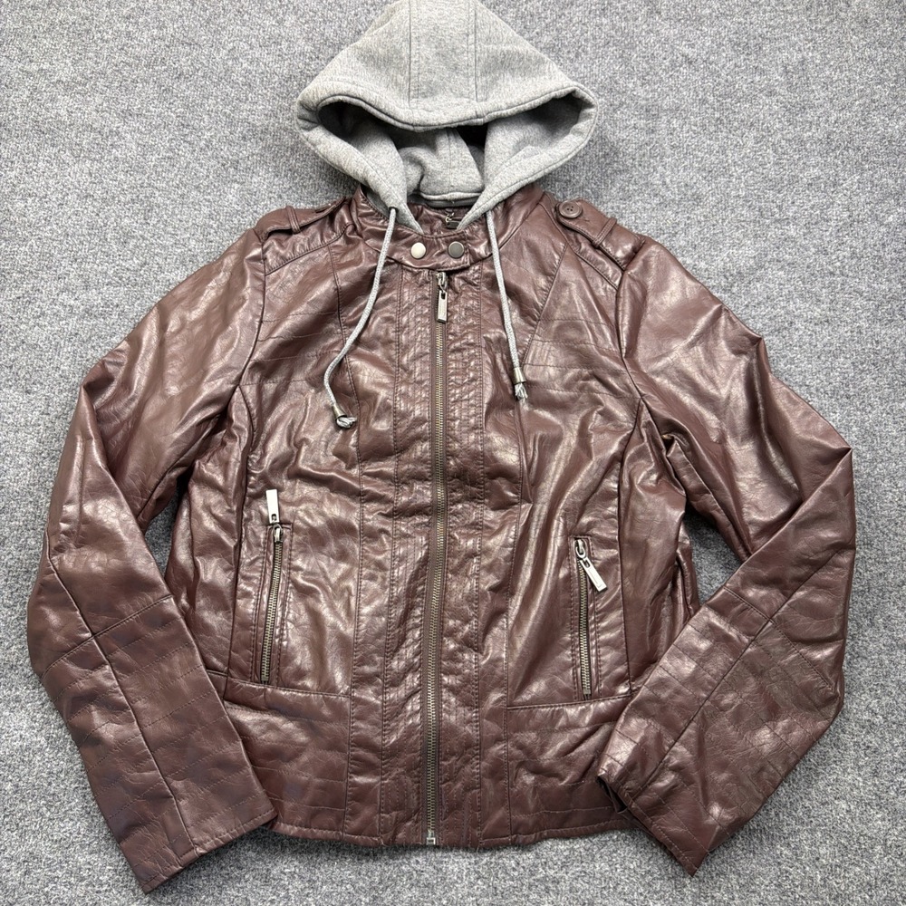 J2 Women's Large Brown Faux Leather Fur Hooded Fashion Jacket Fur Lining‎
